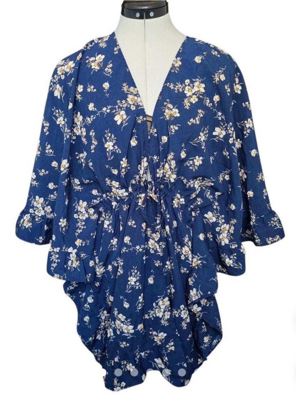Time and Tru Women's Navy Floral V-Neck Drawstring Tunic Top